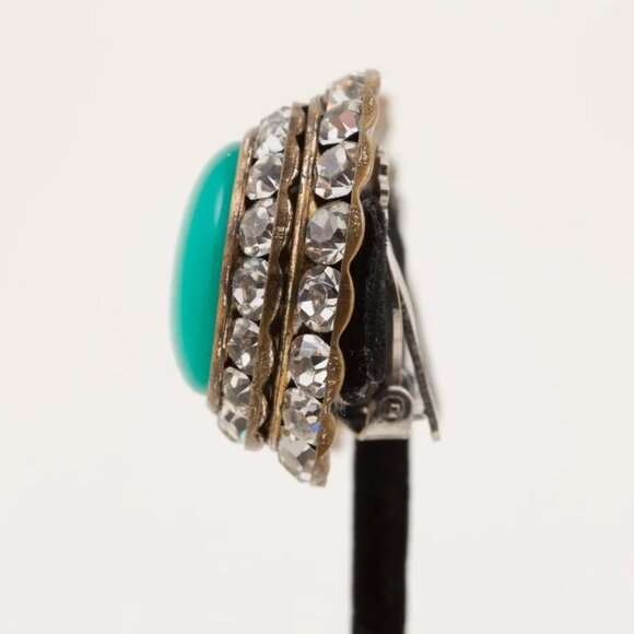 Lisner Vintage Mid-Century Round Rhinestone Turquoise Clip-On Earrings - Picture 4 of 5
